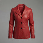 Women's Crimson Red Leather Blazer Coat with Three-Button Front