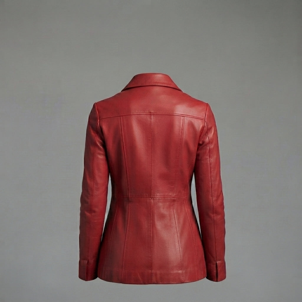 Women's Crimson Red Leather Blazer Coat with Three-Button Front