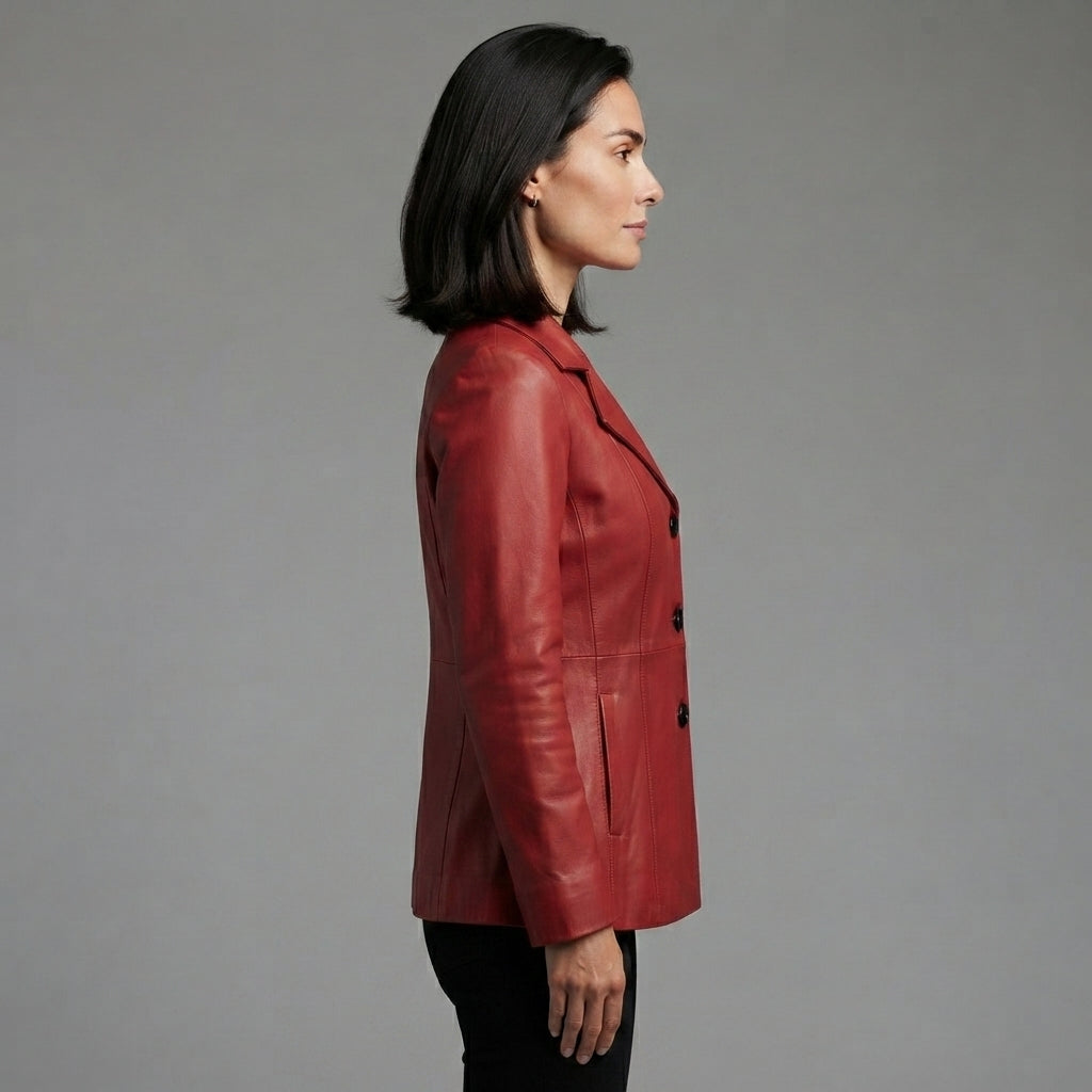 Women's Crimson Red Leather Blazer Coat with Three-Button Front
