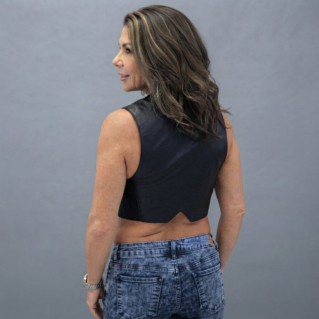 Women's Cropped Black Leather Zip-Up Vest