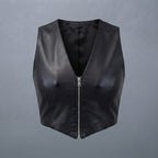 Women's Cropped Black Leather Zip-Up Vest