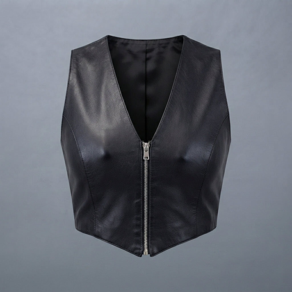 Women's Cropped Black Leather Zip-Up Vest