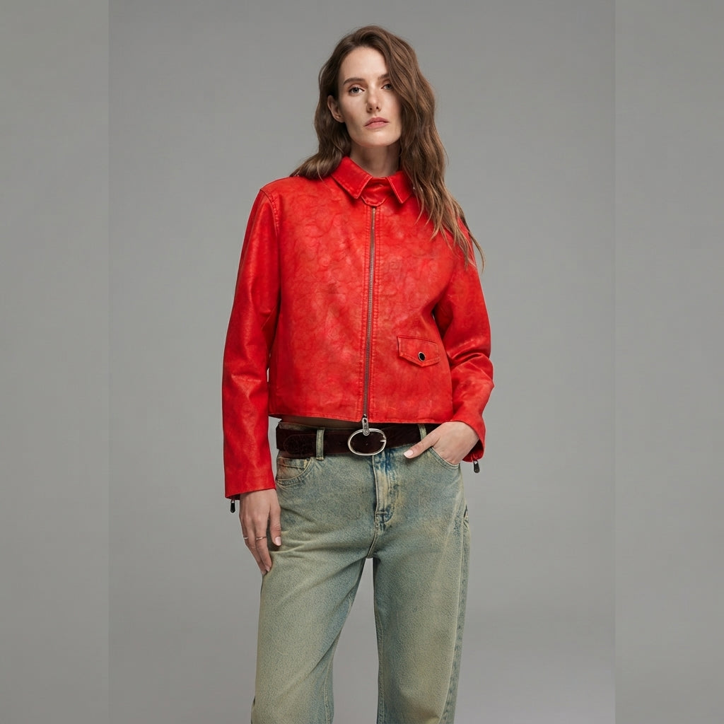 Women's Red Cropped Leather Jacket with Point Collar
