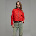 Women's Red Cropped Leather Jacket with Point Collar