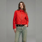 Women's Red Cropped Leather Jacket with Point Collar