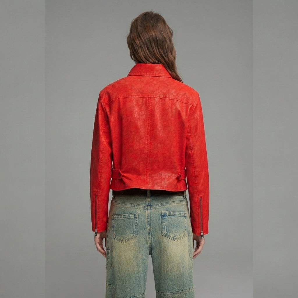 Women's Red Cropped Leather Jacket with Point Collar