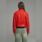 Women's Red Cropped Leather Jacket with Point Collar