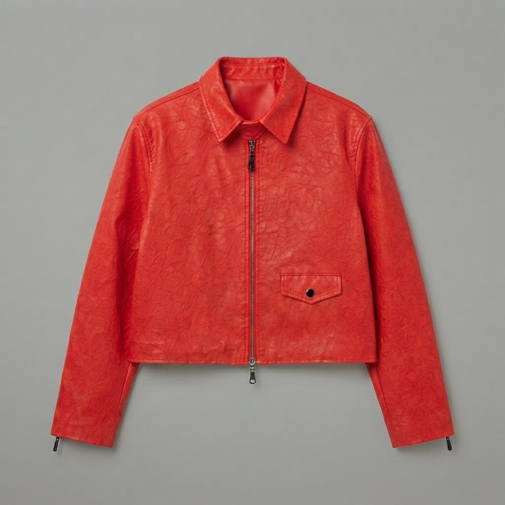 Women's Red Cropped Leather Jacket with Point Collar