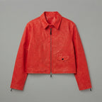 Women's Red Cropped Leather Jacket with Point Collar