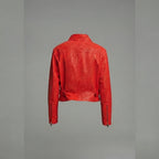 Women's Red Cropped Leather Jacket with Point Collar