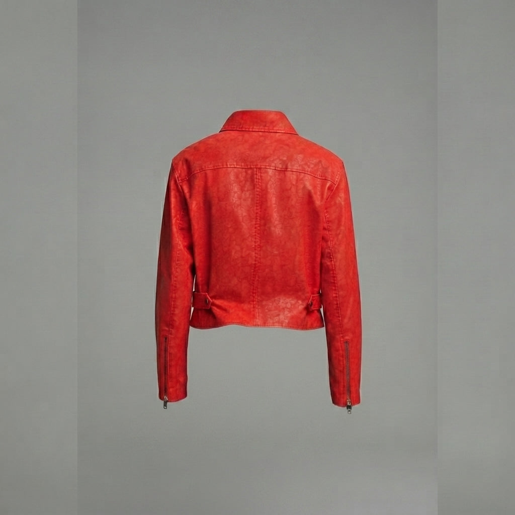 Women's Red Cropped Leather Jacket with Point Collar