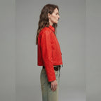 Women's Red Cropped Leather Jacket with Point Collar