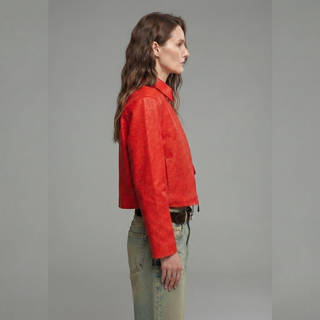 Women's Red Cropped Leather Jacket with Point Collar