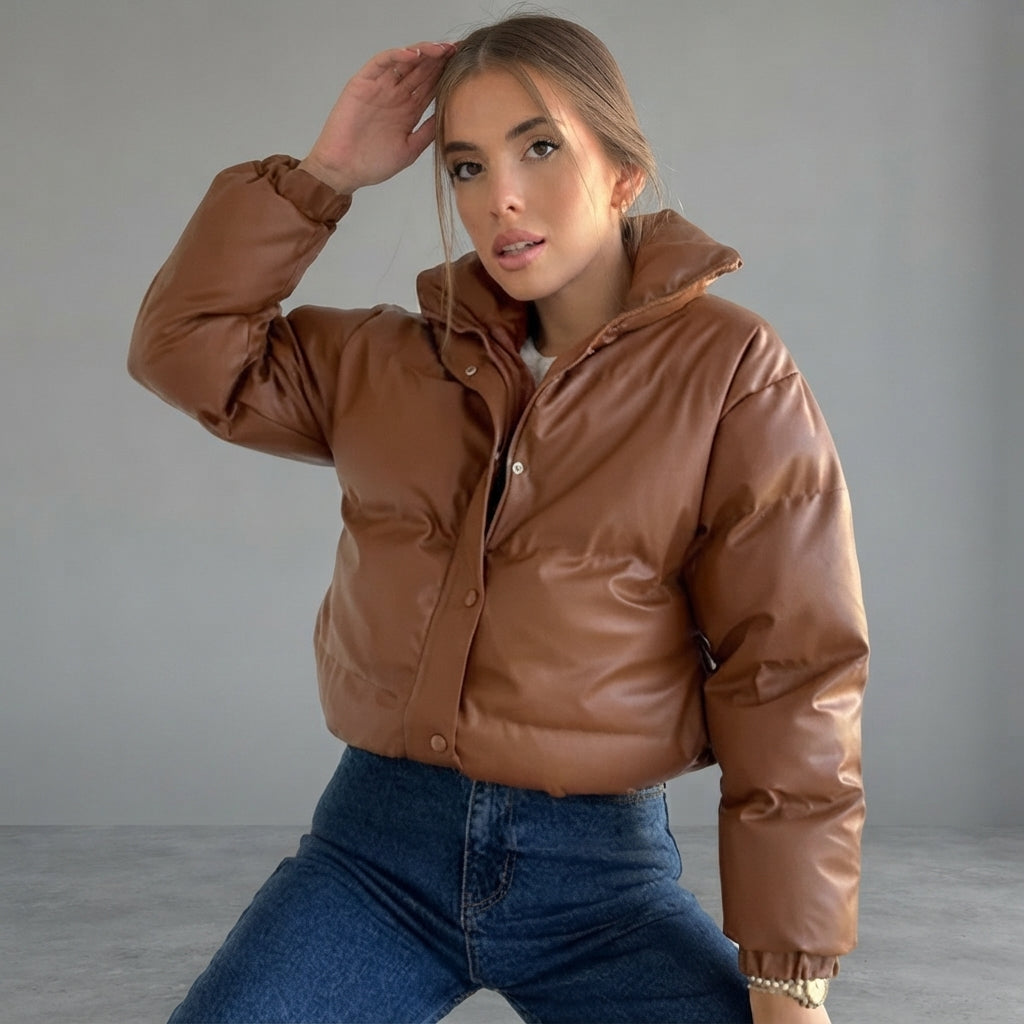 Women's Cropped Tan Quilted Leather Puffer Jacket