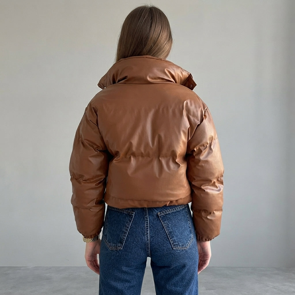 Women's Cropped Tan Quilted Leather Puffer Jacket