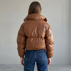 Women's Cropped Tan Quilted Leather Puffer Jacket