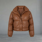 Women's Cropped Tan Quilted Leather Puffer Jacket