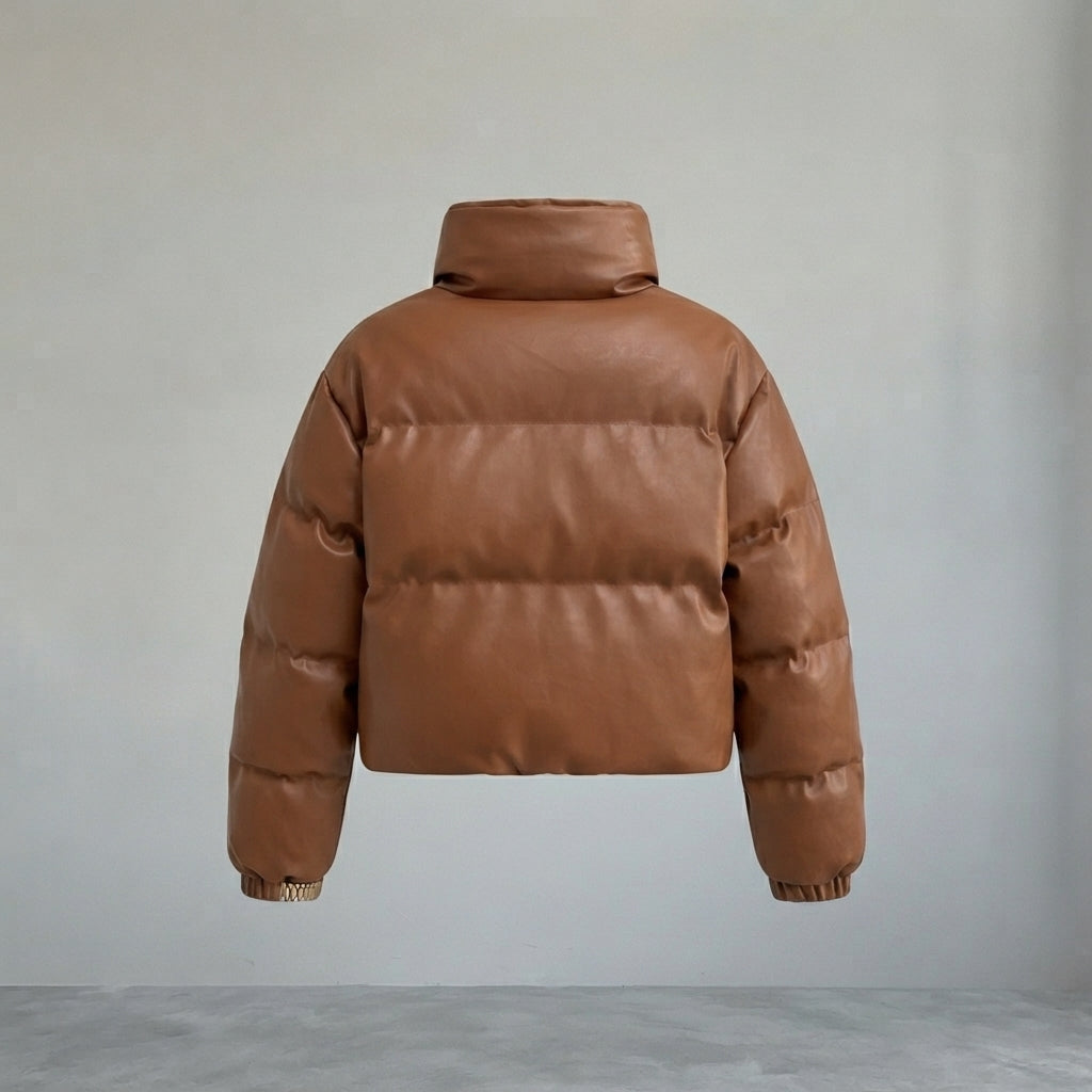 Women's Cropped Tan Quilted Leather Puffer Jacket