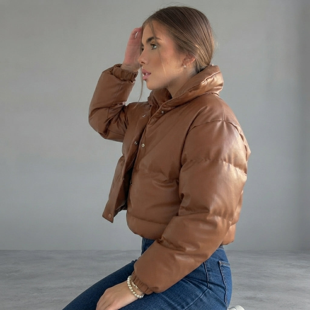 Women's Cropped Tan Quilted Leather Puffer Jacket