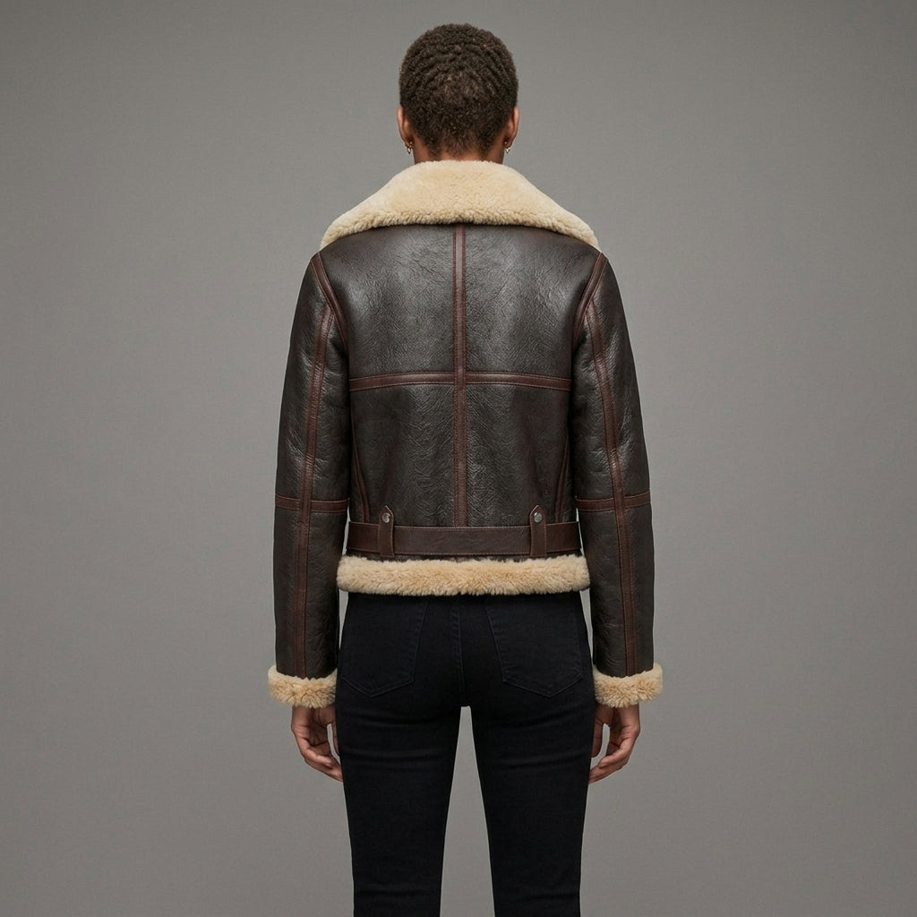 Women's Dark Brown Faux Leather Shearling Aviator Jacket