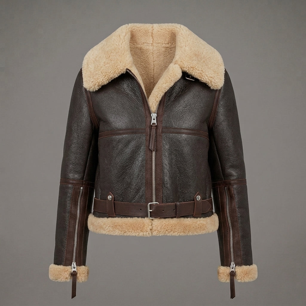 Women's Dark Brown Faux Leather Shearling Aviator Jacket