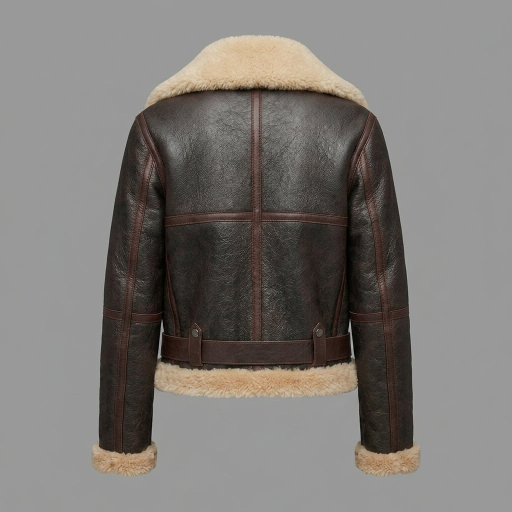 Women's Dark Brown Faux Leather Shearling Aviator Jacket