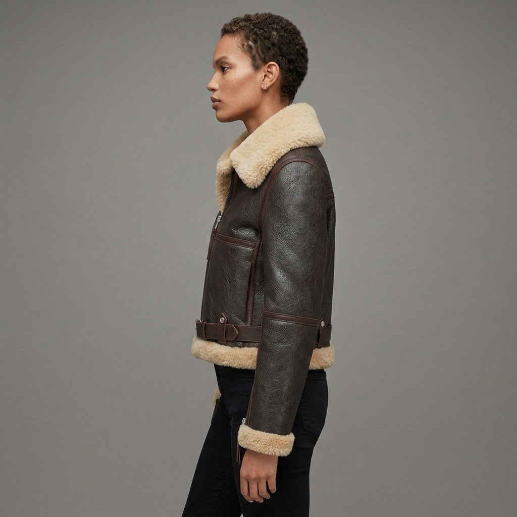 Women's Dark Brown Faux Leather Shearling Aviator Jacket