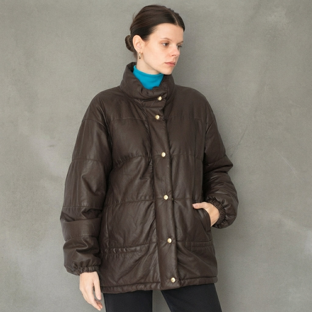 Women's Dark Brown High-Neck Leather Puffer Coat