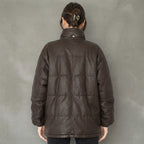 Women's Dark Brown High-Neck Leather Puffer Coat