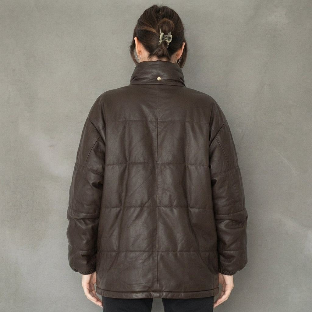 Women's Dark Brown High-Neck Leather Puffer Coat