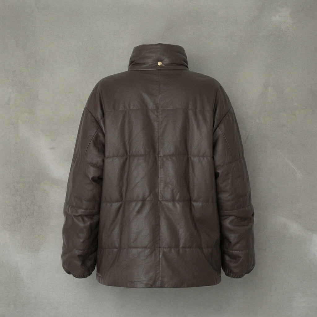 Women's Dark Brown High-Neck Leather Puffer Coat