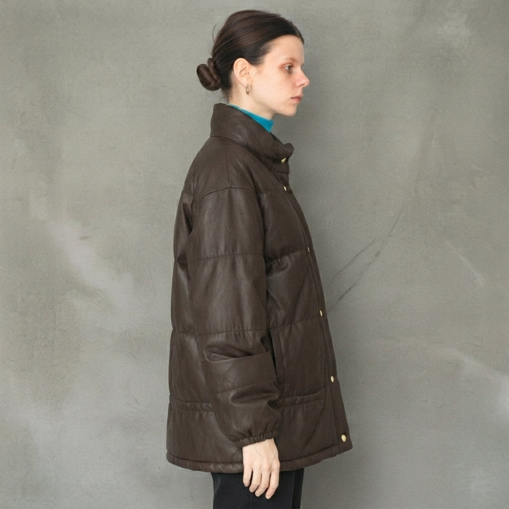 Women's Dark Brown High-Neck Leather Puffer Coat