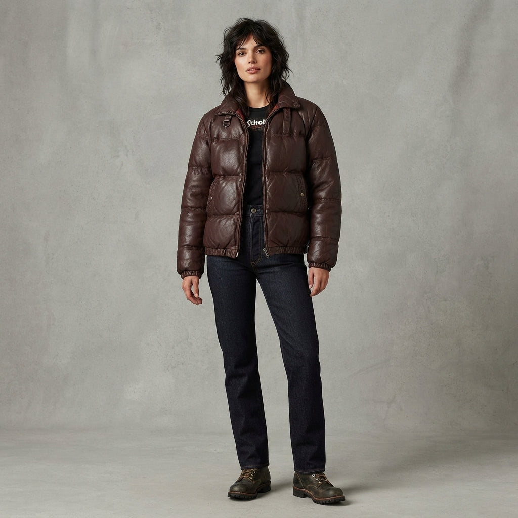 Women's Dark Brown Quilted Leather Puffer Jacket