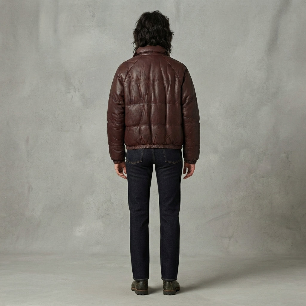 Women's Dark Brown Quilted Leather Puffer Jacket