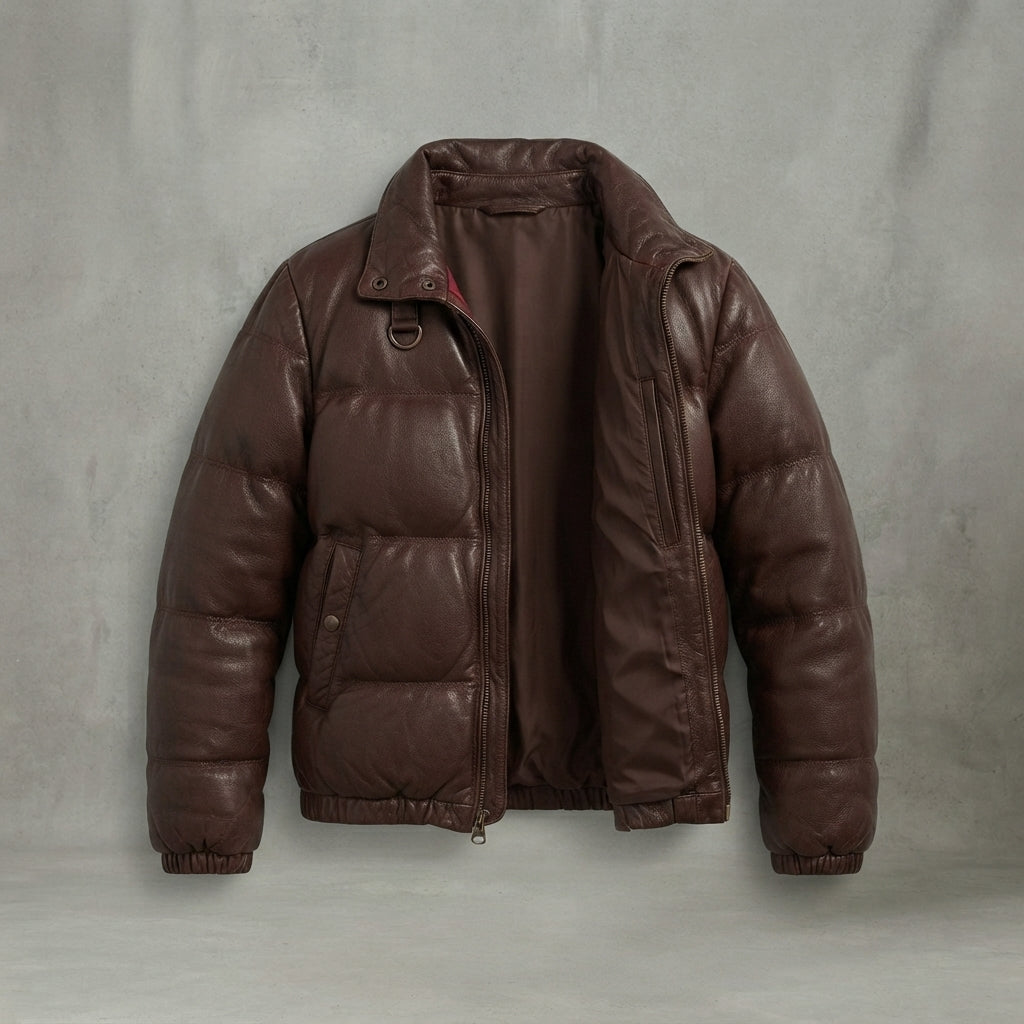 Women's Dark Brown Quilted Leather Puffer Jacket