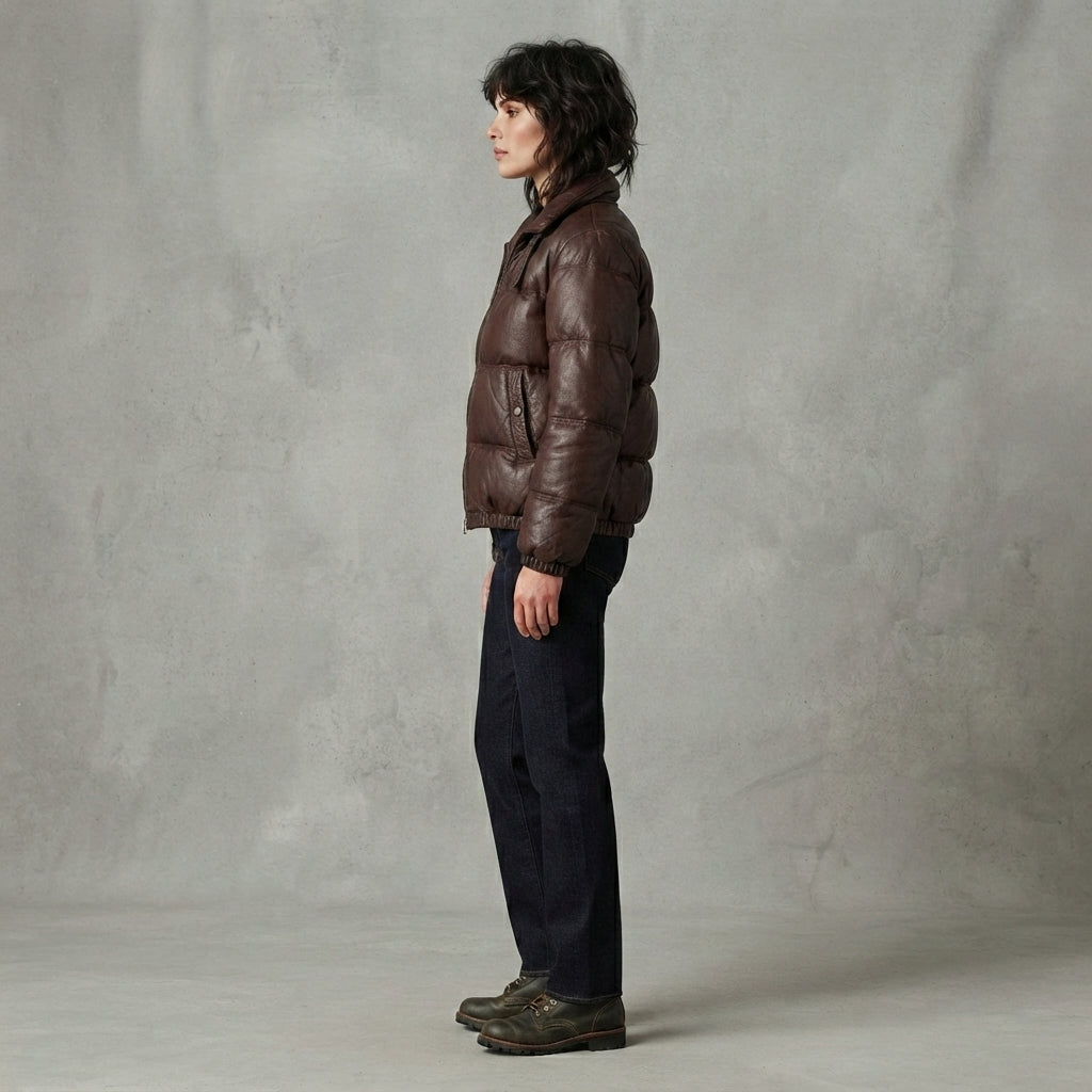 Women's Dark Brown Quilted Leather Puffer Jacket