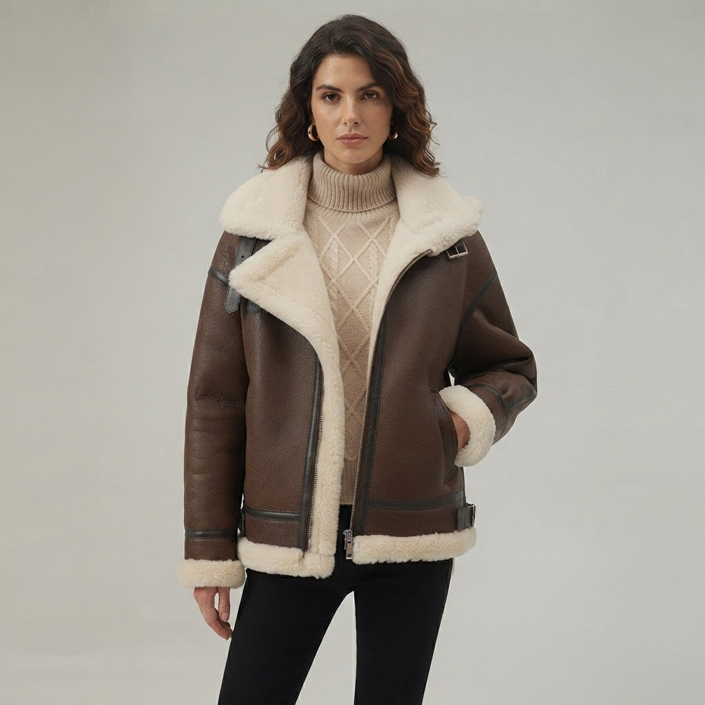 Women's Dark Brown Shearling Aviator Jacket