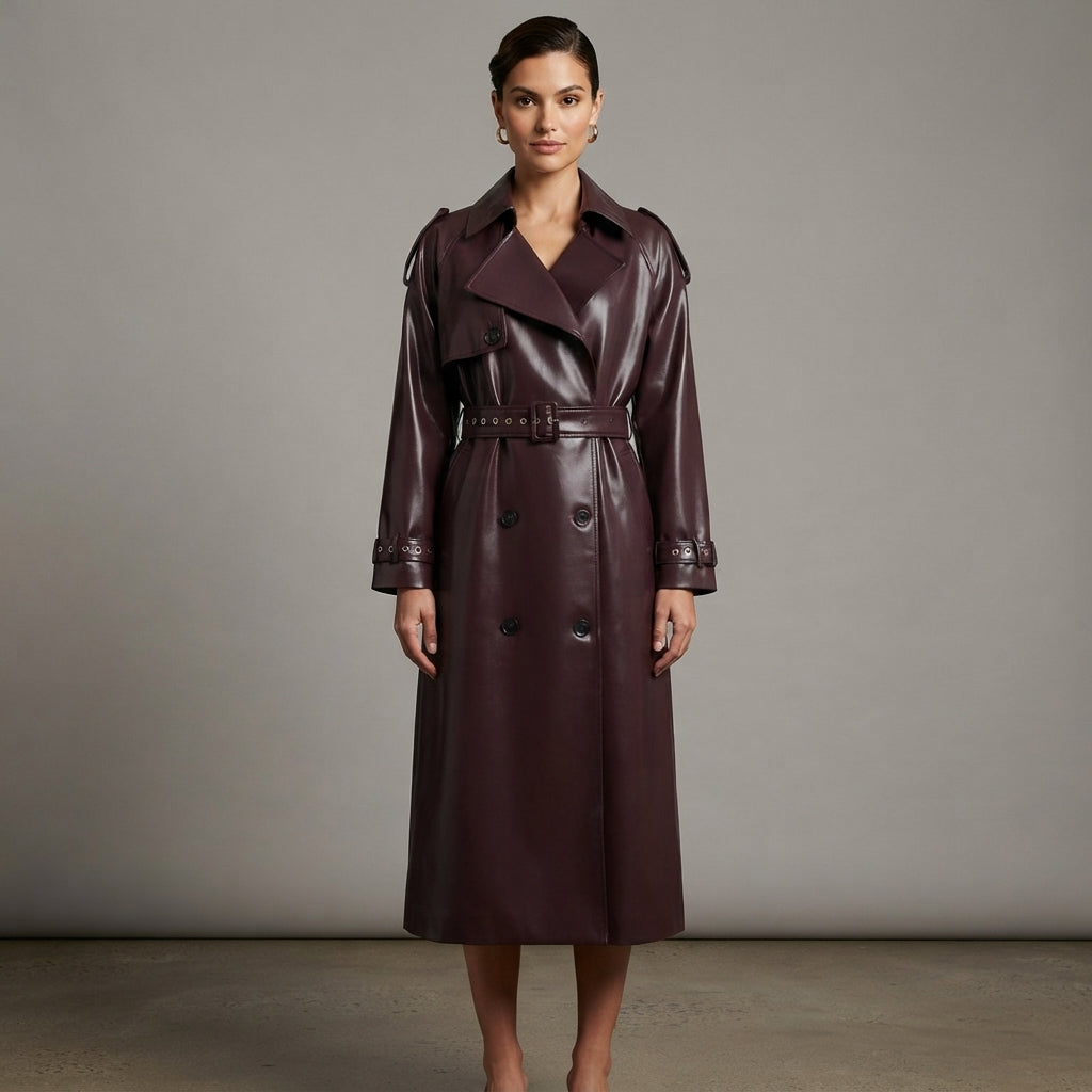 Women's Deep Plum Leather Trench Coat