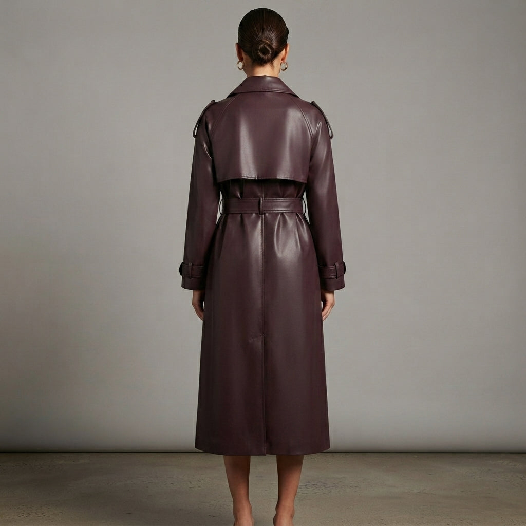 Women's Deep Plum Leather Trench Coat