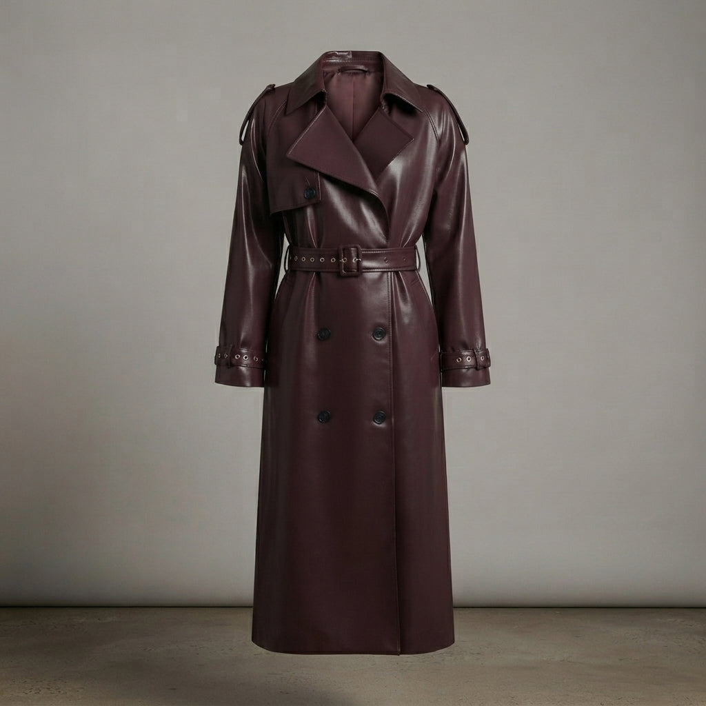 Women's Deep Plum Leather Trench Coat