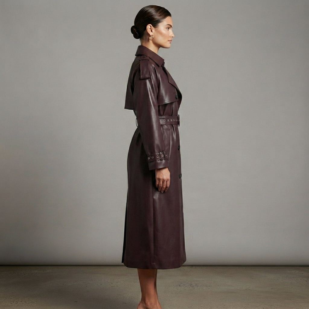 Women's Deep Plum Leather Trench Coat