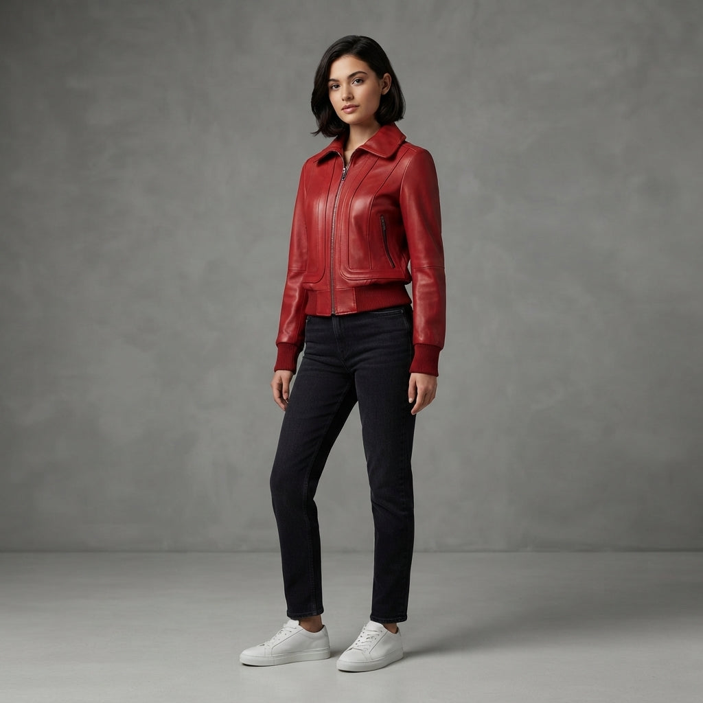 Women's Red Leather Bomber Jacket with Fold Collar