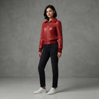 Women's Red Leather Bomber Jacket with Fold Collar