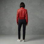 Women's Red Leather Bomber Jacket with Fold Collar