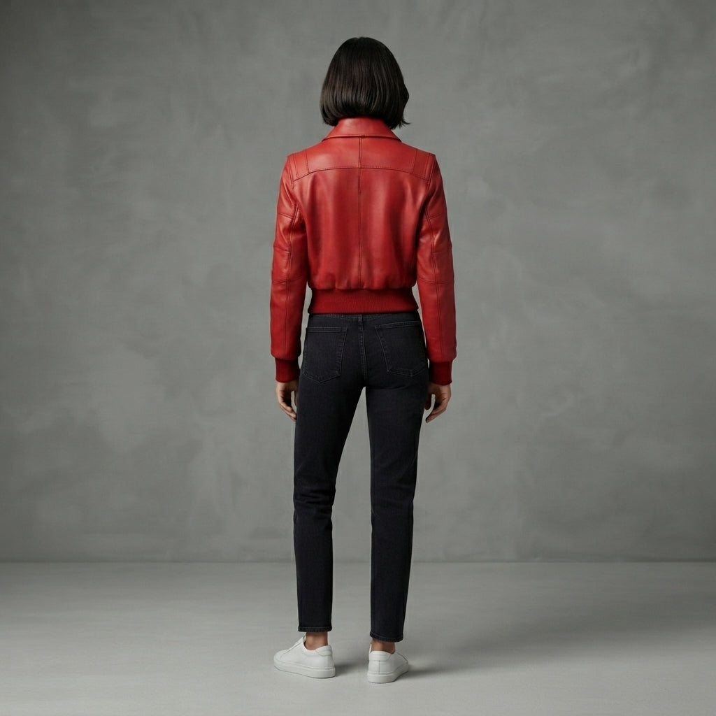 Women's Red Leather Bomber Jacket with Fold Collar