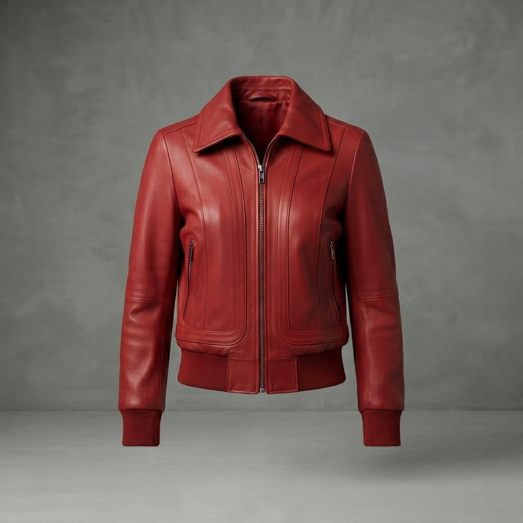 Women's Red Leather Bomber Jacket with Fold Collar