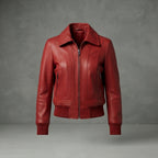 Women's Red Leather Bomber Jacket with Fold Collar