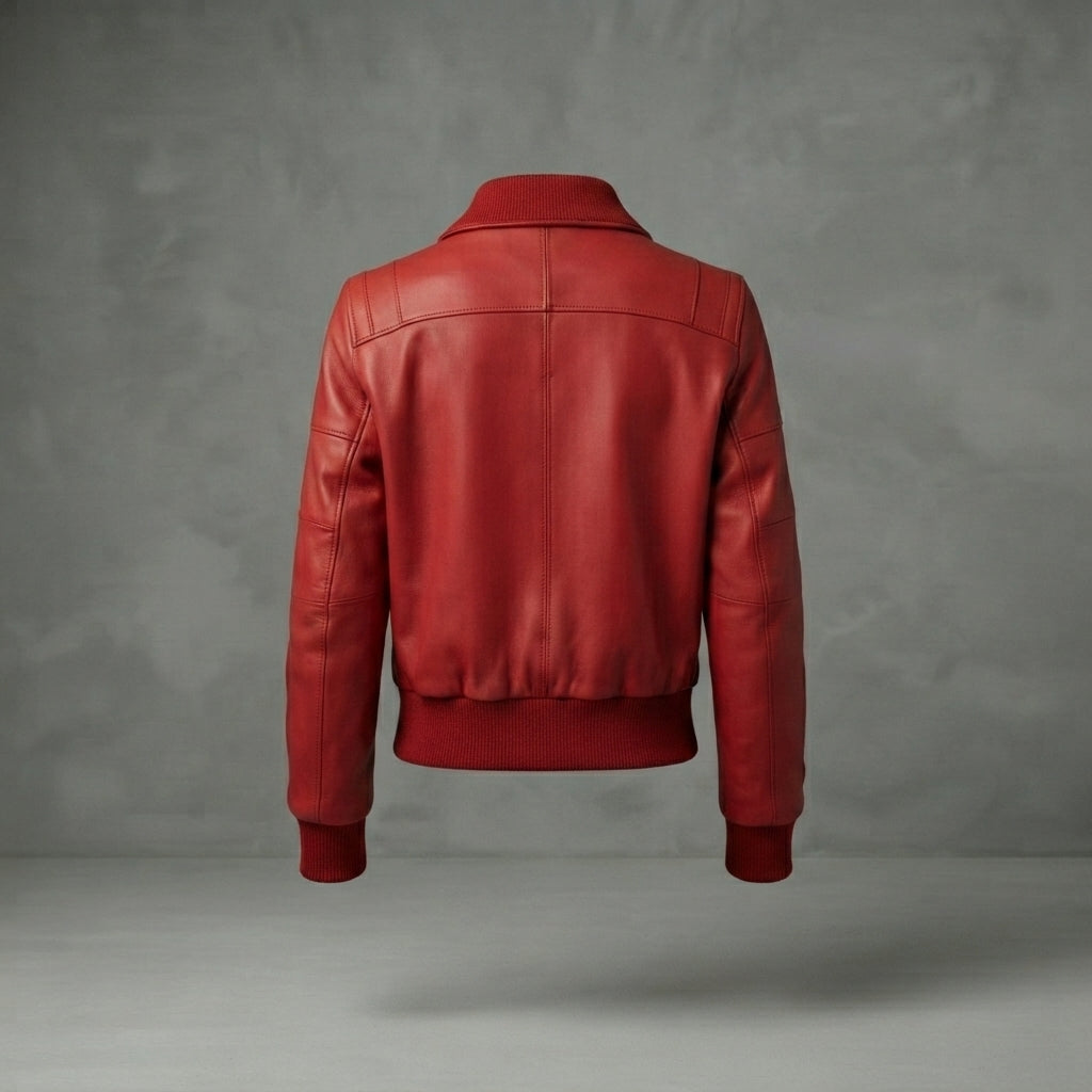 Women's Red Leather Bomber Jacket with Fold Collar