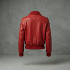 Women's Red Leather Bomber Jacket with Fold Collar