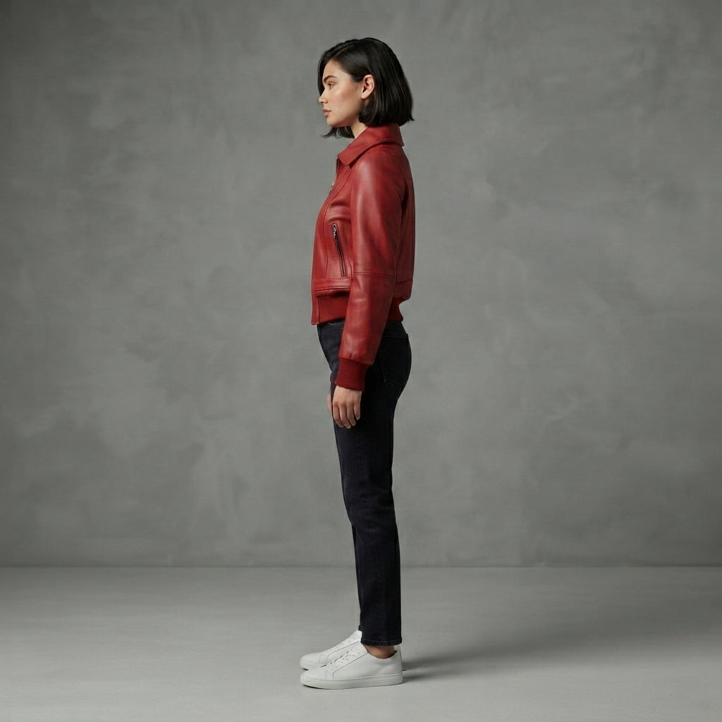 Women's Red Leather Bomber Jacket with Fold Collar
